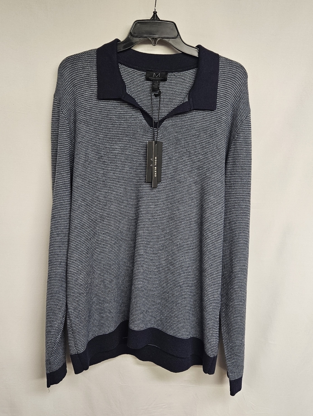 Magaschoni Viscose Blend Knit Long Sleeve Polo Shirt Navy Blue Striped Large
